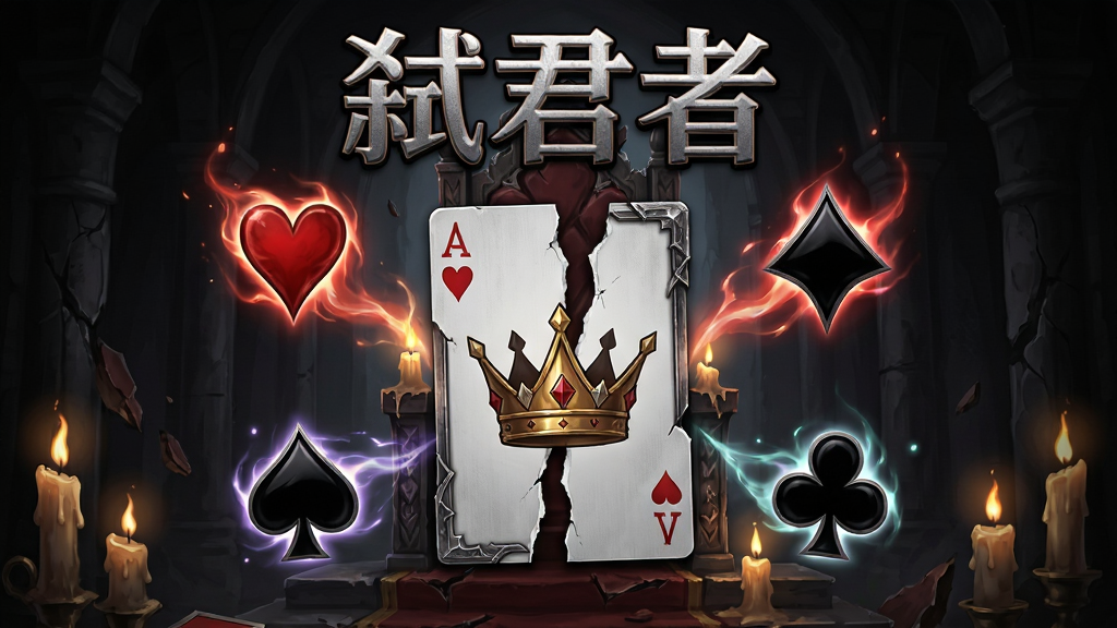 一张以暗黑奇幻风格为主的卡牌游戏宣传图,画面中央是一张被撕裂的扑克牌王冠,周围环绕着红桃、黑桃、方块、梅花四种花色的能量光效。主体为弑君者游戏标志性视觉元素,布局采用中心对称构图,排版上方放置游戏名称“弑君者”三个大字。风格为暗黑魔幻卡牌插画风,细节包括破碎的王座、燃烧的蜡烛、金属质感的卡牌边框。画质高清,画面干净,无多余元素。