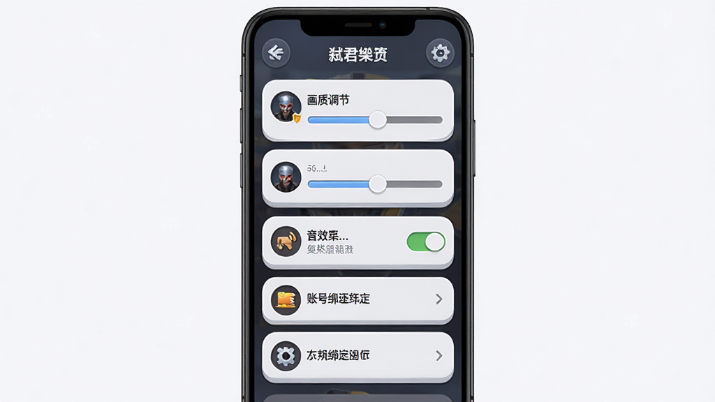 一张展示弑君者游戏设置界面的插图,画面中是一个手机屏幕显示游戏内的设置菜单,包含画质调节、音效开关、账号绑定等选项。主体为手机与设置界面,布局采用竖屏展示,排版突出各项设置选项。风格为现代手机游戏UI风格,细节包括菜单的圆角图标、滑块调节条。画质高清,画面干净,无多余元素。