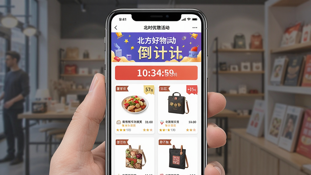һ��չʾ��������APP��ʱ�Żݻҳ����ֻ�����ͼ����������Ϊ�ֻ���Ļ��ʾ����ʱ������ۿ���Ʒ�б�������Ϊ���½ṹ������Ϊ�������в�Ϊ��Ʒ��Ƭ���У����Ϊ������ΧŨ��ĵ�����Ʒ��ϸ�ڰ�������ʱ���֡��ۿ۱�ǩ����ƷͼƬ�������������ɾ����޶���Ԫ��