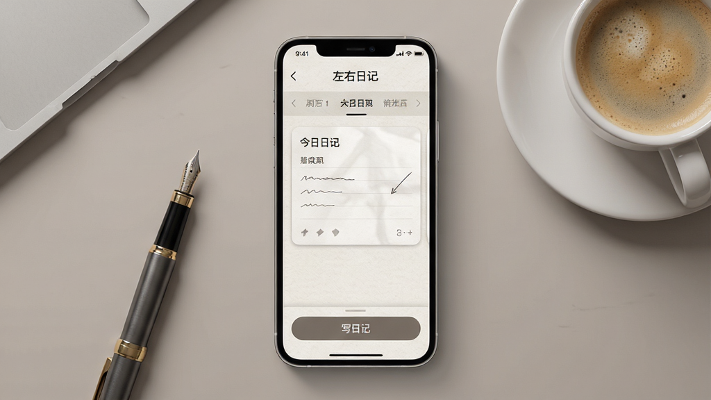 一张展示手机日记应用界面的竖版预览图,画面中央是一部现代智能手机,屏幕显示“左右日记”应用主界面,界面布局简洁,顶部有日期导航,中部是今日日记卡片,底部有写日记按钮,背景为柔和暖灰色调,桌面摆放一支钢笔和一杯咖啡,风格清新真实,细节包括纸张纹理和细腻阴影,画质高清,干净,无多余元素