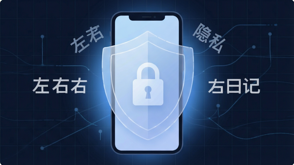 一张表达手机本地数据加密与隐私保护的示意图,画面主体是一部手机与一个半透明盾牌图标重叠,盾牌内部有锁形符号,周围环绕着“左右日记”文字标识,布局居中,风格扁平科技感,细节包括细线条网格背景和柔和蓝色光晕,画质清晰,干净,无多余元素