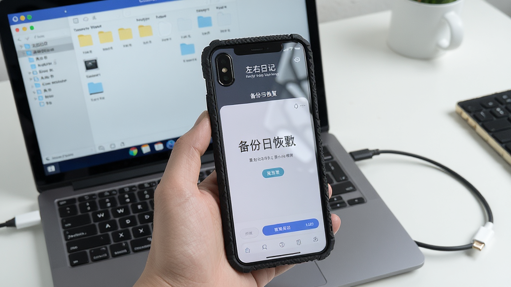 一张展示手机应用权限设置与备份操作场景的图片,画面中一只手拿着手机,屏幕显示“左右日记”的备份与恢复界面,旁边有一根数据线连接笔记本电脑,电脑屏幕上显示文件夹目录,背景为整洁书桌,风格写实,细节包括手机壳纹理和屏幕反光,画质清晰,干净,无多余元素