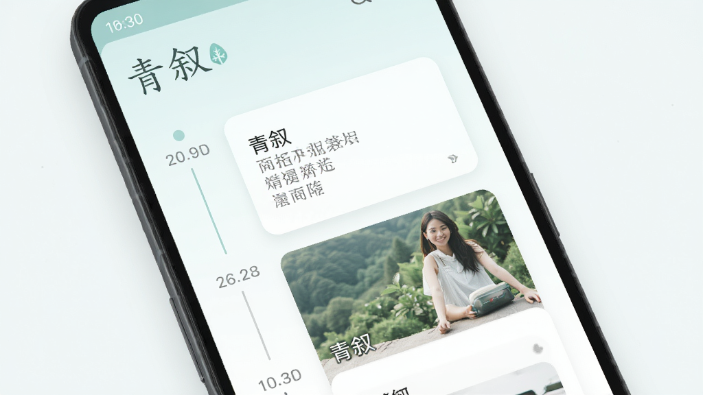 青叙 手机应用 界面展示 淡雅清新风格 主页面 时间线记录 文字与图片卡片 安卓手机 竖屏 高清 干净 无多余元素