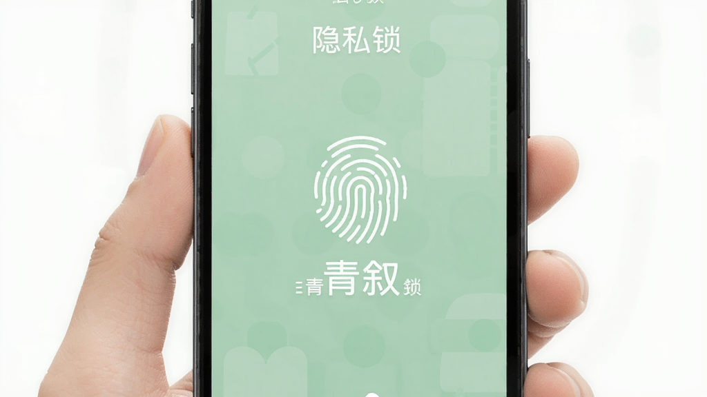 青叙 隐私锁 界面 手机屏幕 指纹解锁图标 私密日记 淡绿色调 扁平化设计 高清画质 干净简洁