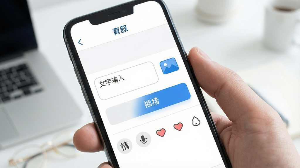 青叙 图文编辑 界面 手机 文字输入框 插入图片按钮 心情图标选择 简约风格 高清 干净
