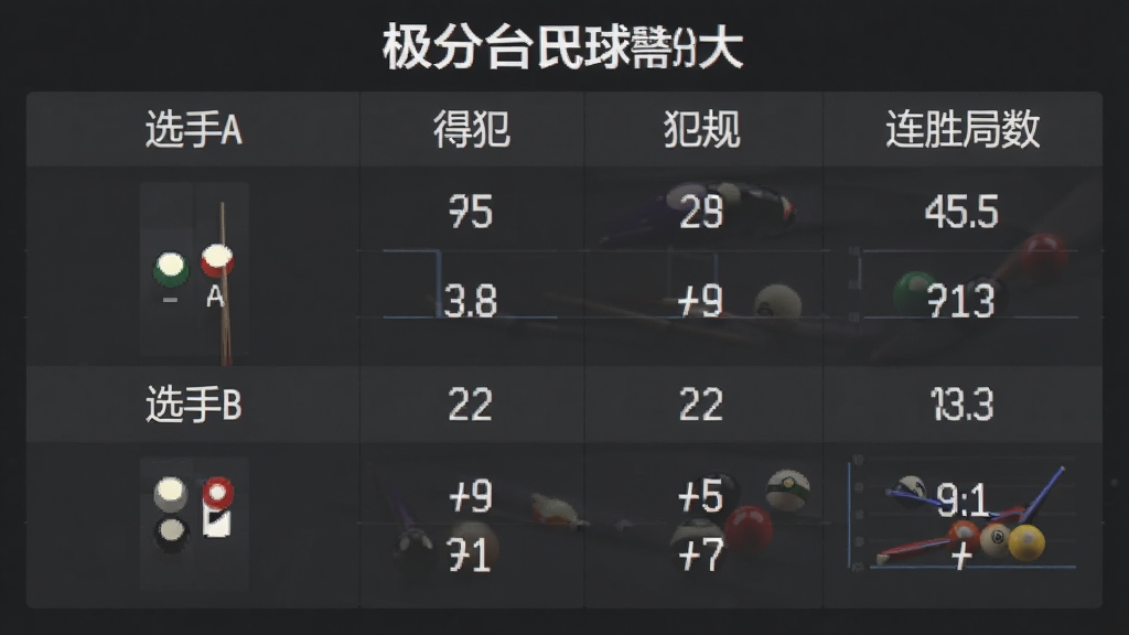 极分台球计分大屏的数据统计面板,屏幕上以表格形式展示“选手A”与“选手B”的得分、犯规、连胜局数,数据以白色字体显示在深灰色背景上,图表简洁直观,界面排版整齐,画质清晰,干净无多余元素