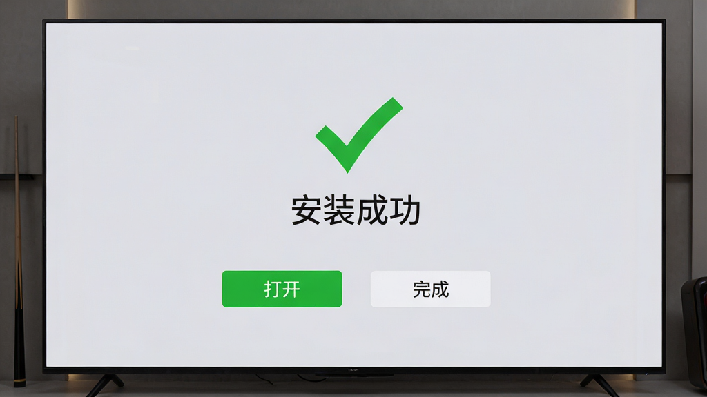 极分台球计分大屏在电视上安装完成的提示界面,屏幕中央显示“安装成功”绿色对勾图标,下方有“打开”与“完成”两个按钮,背景为浅灰色,界面简洁,文字清晰,画质干净无多余元素
