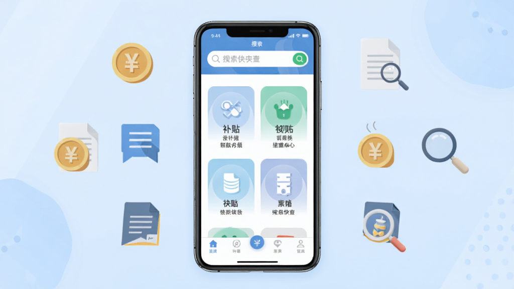 补贴一键快查软件主界面展示,画面中央是一部智能手机,屏幕上显示补贴一键快查的首页,页面布局清晰,顶部有搜索框,中部有各类补贴分类图标,底部有导航栏,背景为浅蓝色渐变,周围环绕着补贴查询相关的图标元素如钱币、文件、放大镜等,风格简洁现代,扁平化设计,画质清晰干净,无多余元素