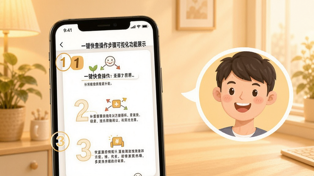 补贴一键快查操作步骤可视化功能展示,画面中手机屏幕显示分步引导界面,每一步都有数字序号和图文说明,用户头像在旁侧微笑,背景为暖色调,风格友好亲切,画质清晰,无多余装饰
