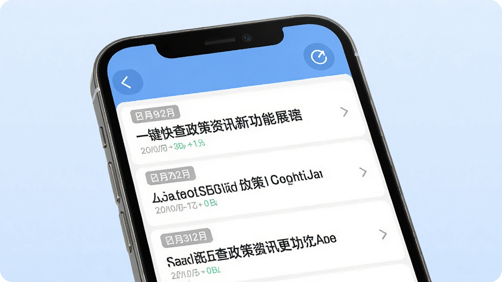 补贴一键快查政策资讯更新功能展示,画面中手机屏幕显示资讯列表页面,每条资讯带有日期标签和政策标题,顶部有刷新按钮,背景为淡蓝色,风格资讯类应用常见布局,画质清晰,排版整齐