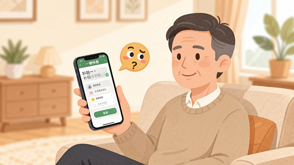 补贴一键快查新手使用场景插画,画面中一位中年用户坐在沙发上手持手机,手机屏幕显示补贴一键快查的操作界面,旁边有疑问表情的卡通形象,背景为温馨的家居环境,风格扁平插画,色彩柔和,画质清晰,无多余元素
