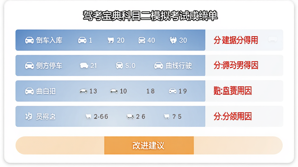驾考宝典科目二模拟考试成绩单页面,画面中显示一张成绩单,上面列出倒车入库、侧方停车、曲线行驶等项目的得分与扣分项,扣分原因用红色标注,页面底部有改进建议按钮,整体采用卡片式布局,风格简洁,画质清晰,干净无多余元素