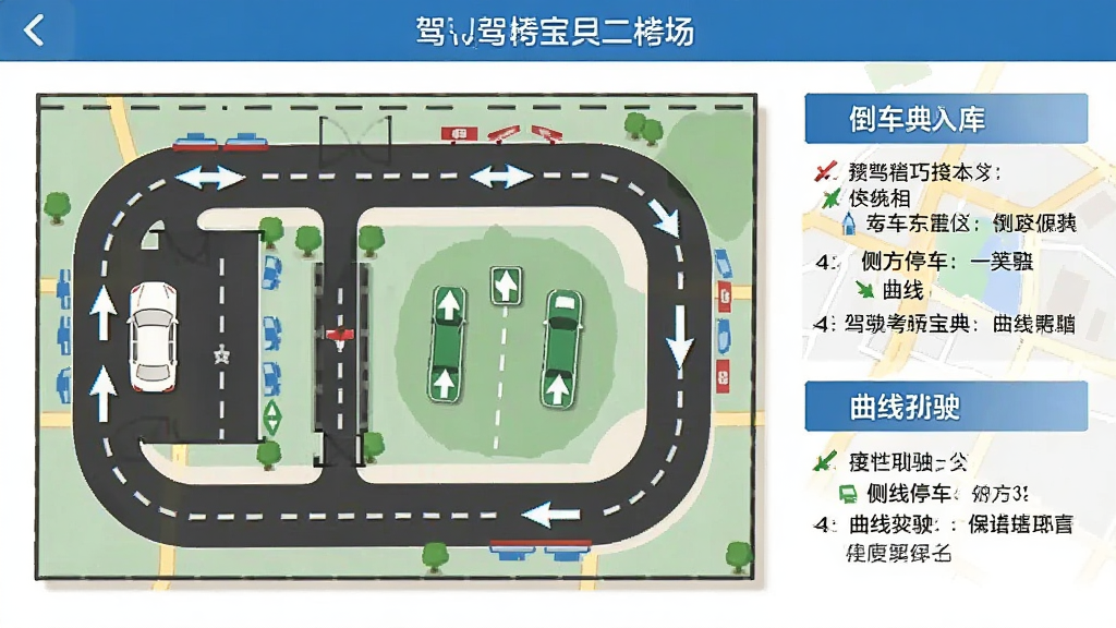 驾考宝典科目二考场路线图页面,画面中展示一张考场平面图,上面标注了倒车入库、侧方停车、曲线行驶等项目的具体位置与行驶方向,旁边有文字说明点位技巧,整体采用地图风格,布局清晰,画质干净,无多余元素