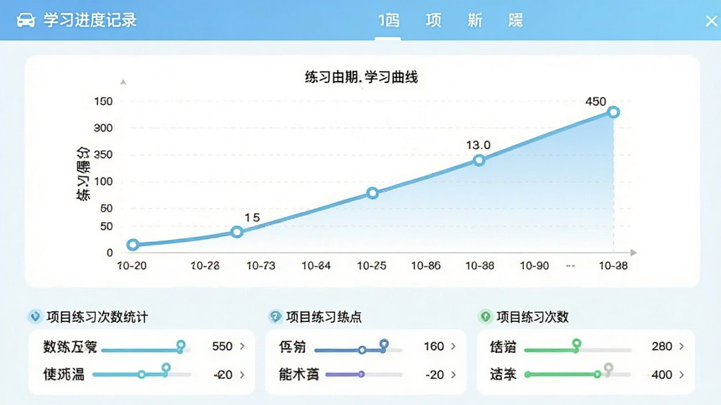 驾考宝典科目二学习进度记录页面,画面中显示学习曲线图表,横轴为日期,纵轴为练习得分,曲线呈上升趋势,页面下方有各项目练习次数统计,整体采用清新浅色风格,布局简洁,画质清晰,干净无多余元素