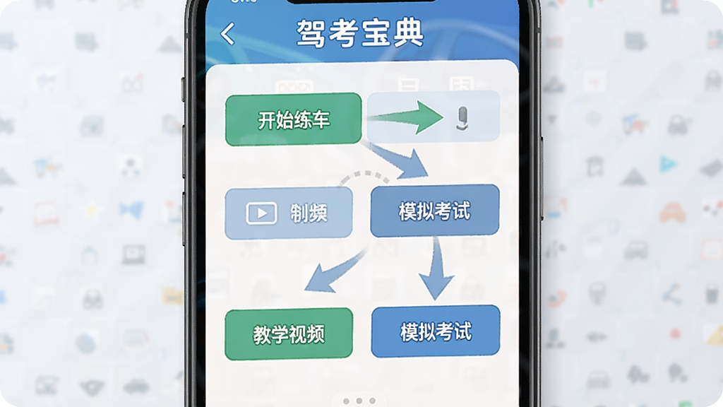 驾考宝典科目二新手操作引导页面,画面中展示手机屏幕,屏幕上有分步操作提示箭头指向各个功能按钮,包括“开始练车”“教学视频”“模拟考试”等,整体采用引导层叠加风格,布局清晰,画质干净,无多余元素