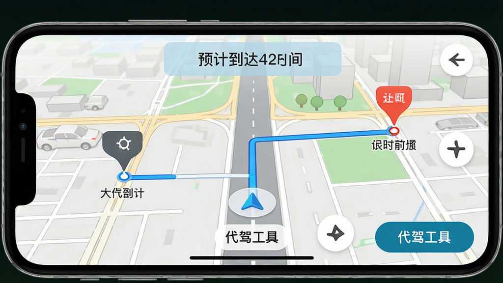手机横屏显示代驾工具导航界面,地图上有蓝色路线指引,起点和终点标记清晰,屏幕上方显示预计到达时间,背景是城市道路俯视图,风格简洁明快,细节包括导航箭头、路名文字、界面按钮“代驾工具”,画质高清,干净,无多余元素