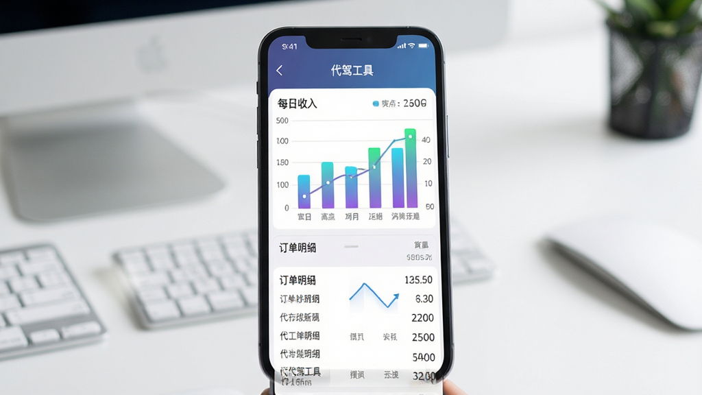 手机屏幕显示代驾工具收入统计页面,有柱状图和折线图展示每日收入变化,下方有订单明细列表,背景是简洁的办公桌面,风格商务清新,细节包括图表颜色渐变、数字清晰、界面标题“代驾工具”,画质高清,干净,无多余元素