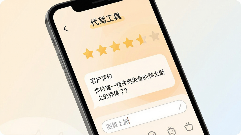 手机屏幕显示代驾工具评价管理界面,有五角星评分和客户文字评价内容,下方有回复输入框,背景是柔和的浅色渐变,风格温馨友好,细节包括星级图标、文字气泡、界面标题“代驾工具”,画质清晰,干净,无多余元素