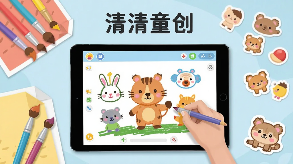 一张展示清清童创软件界面的图片,主体为一块平板电脑屏幕,屏幕上显示清清童创APP的儿童创意绘画界面,布局为屏幕居中,周围环绕彩色画笔、画纸、卡通贴纸等元素,排版采用扁平化设计风格,细节上屏幕内呈现儿童正在涂鸦的卡通动物图案,画质高清,干净整洁,无多余元素,图片中文字标注