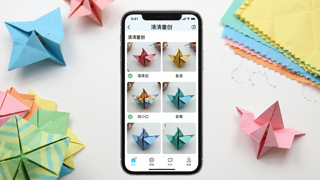 一张展示清清童创手工教程功能的图片,主体为手机屏幕显示清清童创APP的手工折纸教程页面,布局为屏幕居中,周围摆放彩色折纸成品和材料,排版采用清新明亮的风格,细节上屏幕内展示步骤图和完成效果,画质高清,干净整洁,无多余元素,图片中文字标注