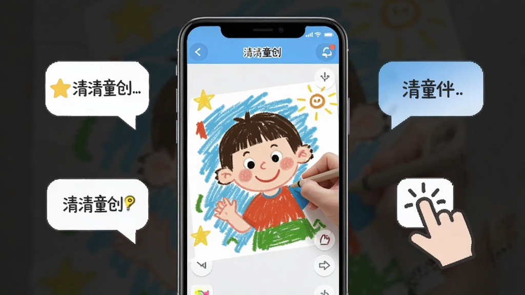 一张展示清清童创在手机上运行的图片,主体为一部智能手机,屏幕上显示清清童创APP的绘画界面,布局为手机居中,周围有提示气泡和操作手势图标,排版采用简洁明快的风格,细节上屏幕内展示儿童正在使用软件画画,画质高清,干净整洁,无多余元素,图片中文字标注