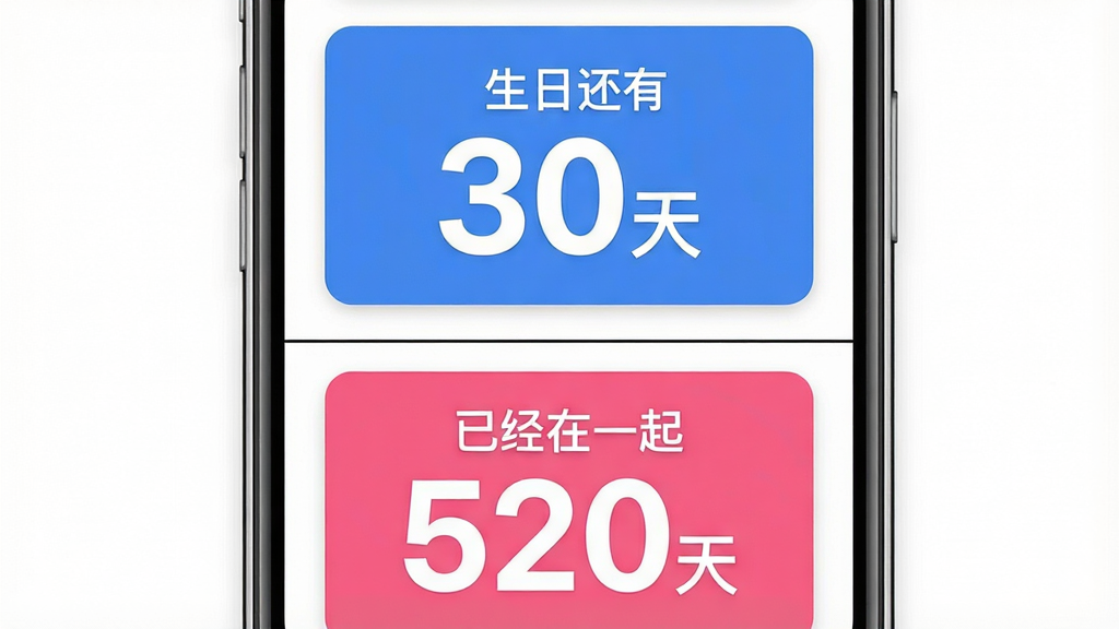 一张展示倒数纪念日Day倒计时与正计时功能的AI生图,画面主体是一部手机,手机屏幕分为上下两部分,上半部分显示倒计时卡片,卡片上写着距离生日还有30天,下半部分显示正计时卡片,卡片上写着已经在一起520天,布局为上下对称排列,风格为扁平化设计风格,细节上卡片颜色分别为蓝色和粉色,数字大而清晰,背景为纯白色,画质高清,干净无多余元素