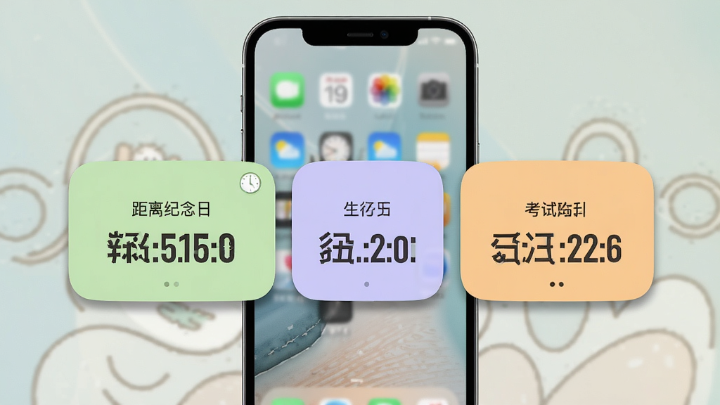 一张展示倒数纪念日Day桌面小组件功能的AI生图,画面主体是一部手机的主屏幕,屏幕上摆放着三个不同尺寸的倒数纪念日Day小组件,分别显示距离纪念日、生日、考试的天数,小组件颜色分别为浅绿、浅紫、浅橙,布局为手机屏幕居中展示,风格为现代简约风格,细节上小组件带有圆角和轻微阴影,数字清晰,背景为淡雅的手机壁纸,画质高清,干净整洁,无多余元素