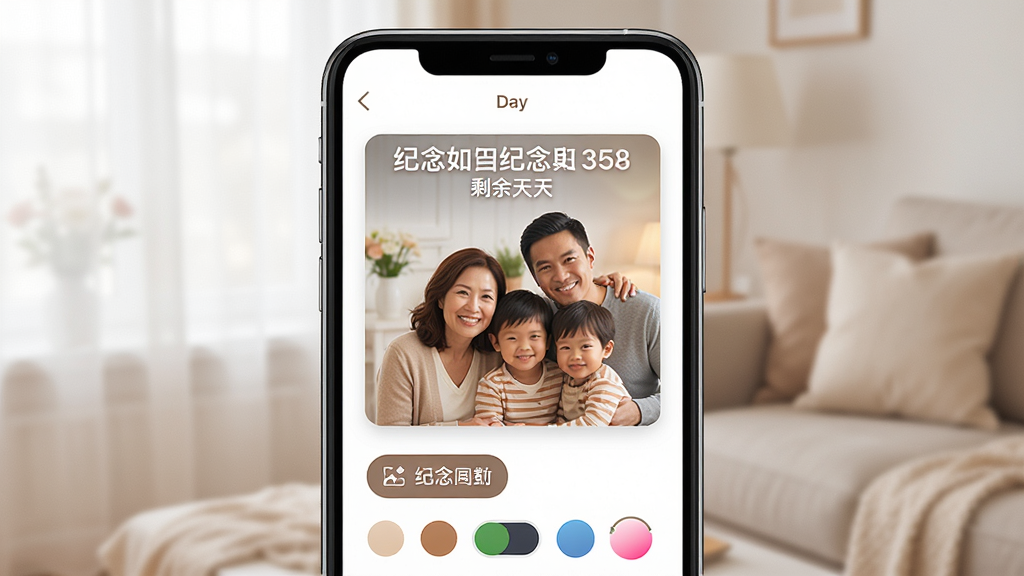一张展示倒数纪念日Day自定义背景功能的AI生图,画面主体是一部手机,手机屏幕上显示着倒数纪念日Day的编辑界面,界面中有一张纪念日卡片,卡片背景是一张温馨的家庭合照,卡片上方显示纪念日名称和剩余天数,布局为手机屏幕居中,风格为温馨生活风格,细节上界面中有选择背景图片的按钮和颜色选择器,画质高清,画面干净,无多余元素