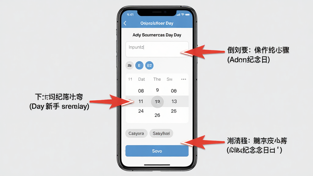 一张展示倒数纪念日Day新手操作步骤的AI生图,画面主体是一部手机,手机屏幕上显示着倒数纪念日Day的添加纪念日界面,界面中有输入框、日期选择器、分类标签和保存按钮,布局为手机屏幕居中,风格为扁平化教程风格,细节上界面中有红色箭头标注操作步骤,背景为浅灰色,画质高清,画面干净,无多余元素