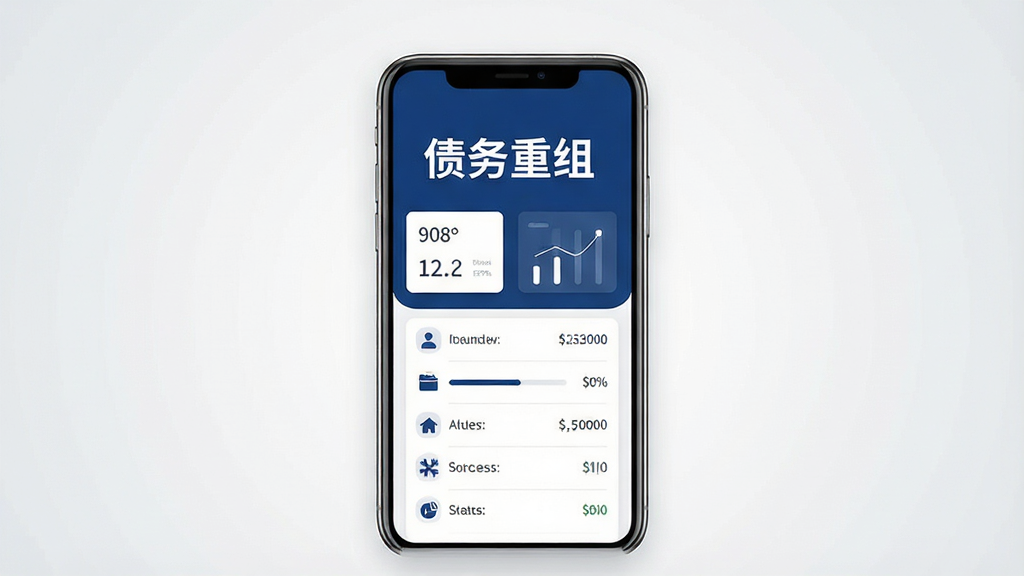 一张以深蓝色和白色为主色调的手机应用界面展示图,画面中央是一部智能手机,屏幕显示“债务重组”四个大字和简洁的债务列表图表,背景是干净的浅灰色渐变,布局采用居中排版,风格为现代商务扁平化设计,细节包括屏幕上的数据卡片、进度条和分类图标,画质高清,画面干净无多余元素