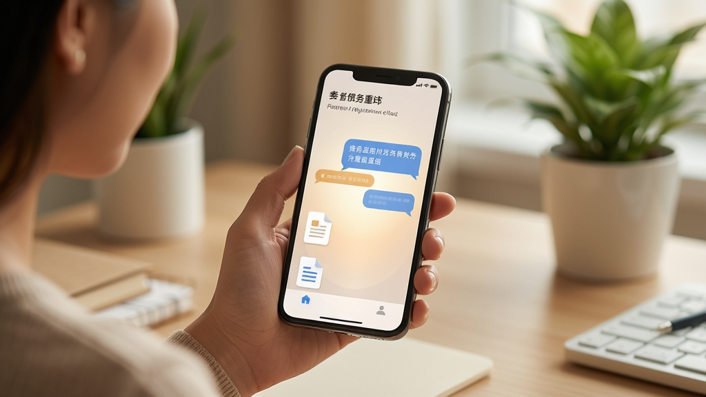 一张AI生成的场景图,画面中一个用户正拿着手机查看“债务重组”应用,手机屏幕反射出柔和的光芒,背景是整洁的书桌和绿植,布局采用三分法构图,风格为温暖生活化摄影风,细节包括手机界面上的对话气泡和文档图标,画质高清,干净无多余元素