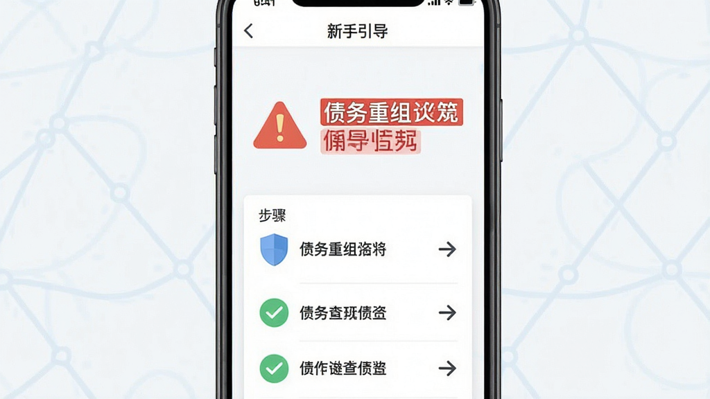 一张AI生成的信息图,主体是手机屏幕显示“债务重组”应用的新手引导页面,布局采用上下分栏,上方是警示图标和红色高亮文字,下方是操作步骤列表,风格为简洁明快的扁平化设计,细节包括盾牌图标、勾选标记和箭头指示,画质清晰,干净无多余元素