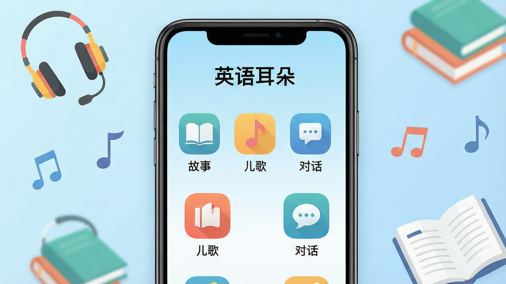 一张展示英语耳朵APP主界面的手机预览图,画面中央是手机屏幕,屏幕内显示英语耳朵软件首页,顶部有软件名称“英语耳朵”,下方排列着故事、儿歌、对话等分类图标,界面风格清新简洁,背景为柔和的浅蓝色渐变,周围点缀着耳机、音符、书本等学习元素,整体风格现代扁平化,画质高清,干净无多余元素