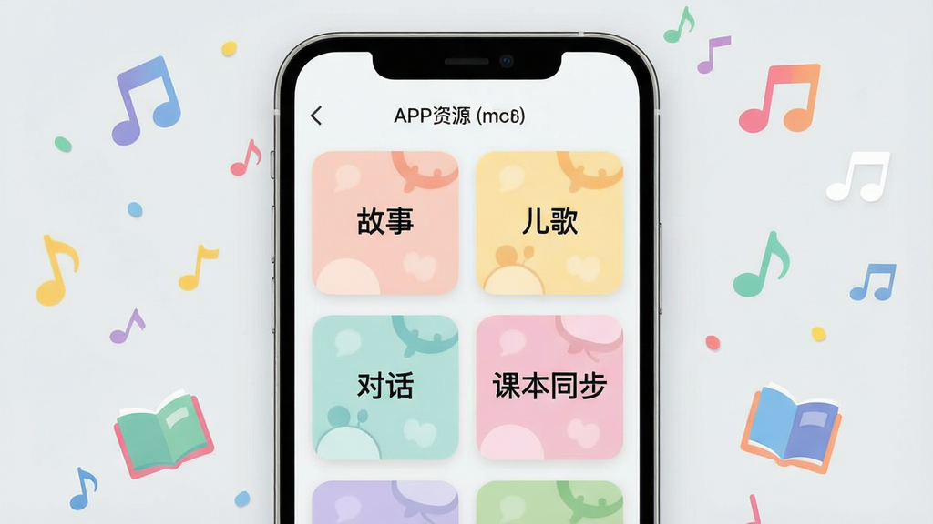 一张展示英语耳朵APP资源分类页面的手机截图风格图片,画面中手机屏幕内显示多个听力分类卡片,卡片上标注“故事”“儿歌”“对话”“课本同步”等字样,卡片色彩柔和,背景为浅灰色,手机周围散落着彩色音符和书本图标,整体风格清新明快,画质清晰,无杂乱元素