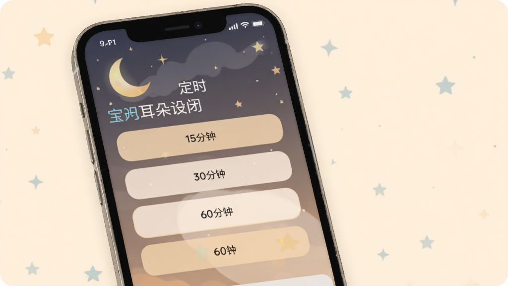 一张展示英语耳朵APP定时关闭设置界面的手机预览图,画面中手机屏幕显示定时选项列表,包括15分钟、30分钟、60分钟等按钮,界面采用柔和的暖色调,背景有月亮和星星的装饰图案,整体氛围安静舒适,画质高清,排版简洁