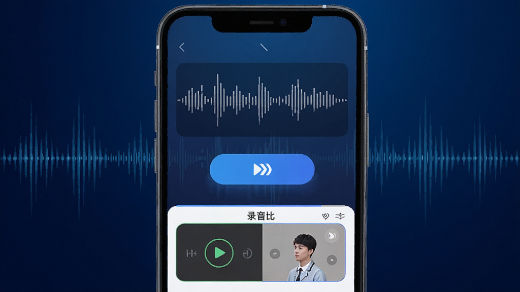 一张展示英语耳朵APP复读与跟读功能的界面图,手机屏幕内显示音频波形图和复读按钮,下方有录音对比区域,界面风格科技感十足,背景为深蓝色渐变,点缀着声波纹理,整体画质清晰,布局合理