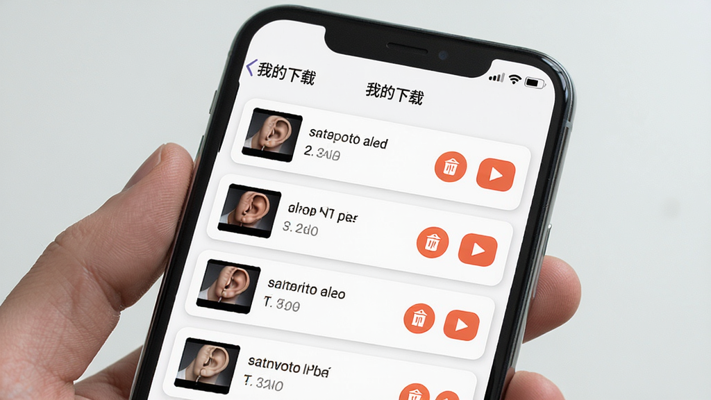 一张展示英语耳朵APP离线下载管理界面的手机截图风格图片,画面中手机屏幕显示已下载音频列表,每个条目旁有删除和播放按钮,顶部有“我的下载”标题,界面采用卡片式设计,背景为白色,整体风格简约实用,画质清晰