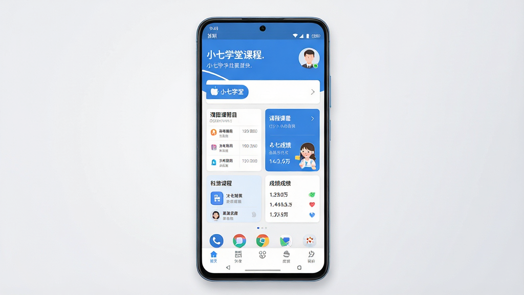 一张展示小七学堂手机应用主界面的高清预览图,画面中央是一部竖屏安卓手机,屏幕内呈现小七学堂的首页布局,顶部为问候语与用户头像,中部为课程表与成绩卡片,底部为导航栏,整体采用蓝白清新配色,界面元素排列整齐,背景为干净浅灰色渐变,风格现代简约,细节清晰,画质高清,干净无多余元素