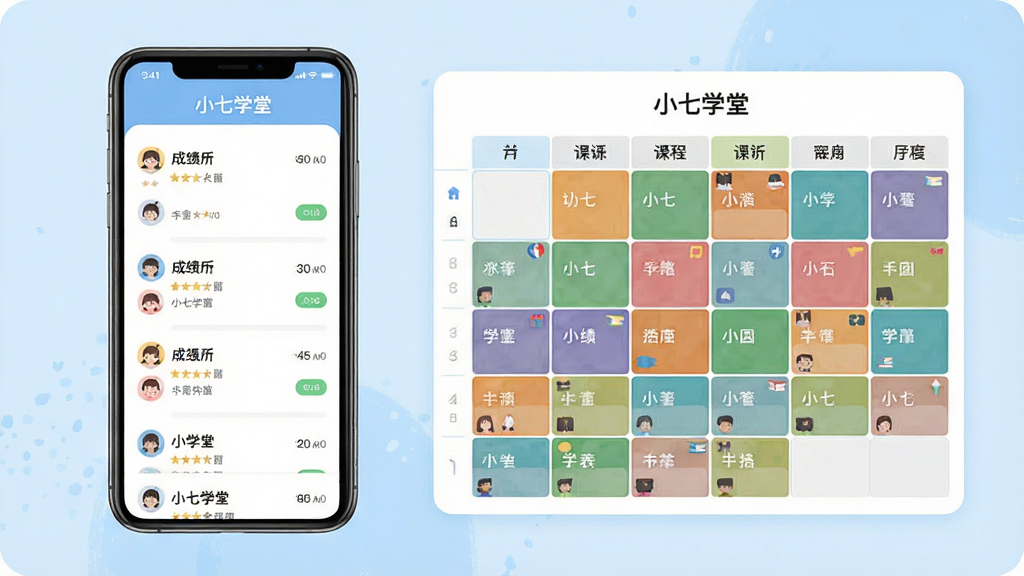 一张小七学堂成绩与课表功能展示图,画面左侧为手机屏幕内显示成绩列表,右侧为周课程表网格,课程用不同颜色色块区分,界面标注“小七学堂”字样,背景为柔和浅蓝,风格清爽扁平,排版对称,细节清晰,画质高清,干净无多余元素