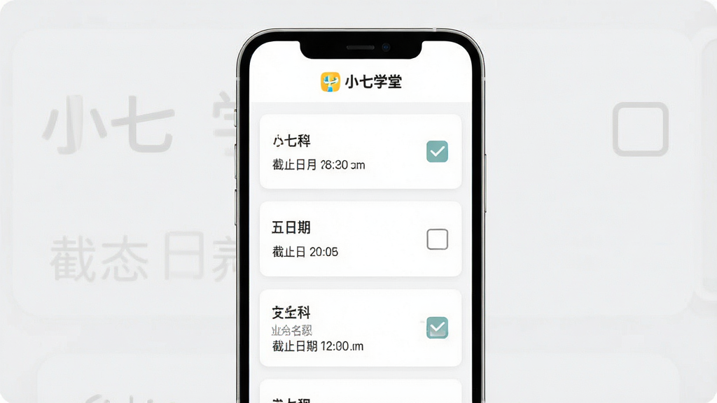 一张小七学堂作业管理界面展示图,手机屏幕内显示作业任务列表,每条任务包含科目名称、截止日期与完成状态勾选框,界面顶部有“小七学堂”标志,背景为白色卡片式布局,风格简洁明快,排版整齐,细节清晰,画质高清,干净无多余元素