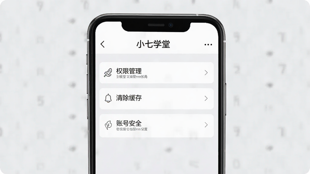 一张小七学堂移动端设置页面展示图,手机屏幕内显示权限管理、清除缓存、账号安全等选项列表,界面顶部有“小七学堂”标题,背景为浅灰色,风格简洁商务,排版清晰,细节干净,画质高清,无多余元素