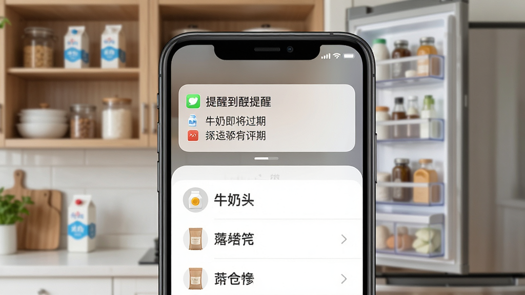 心水收纳到期提醒功能展示,画面主体是手机弹出提醒通知,背景是厨房储物柜和冰箱,布局采用上下结构,上方为通知卡片,下方为物品列表,风格生活化且清晰,细节包含“牛奶即将过期”等中文提示,画质高清,干净整洁