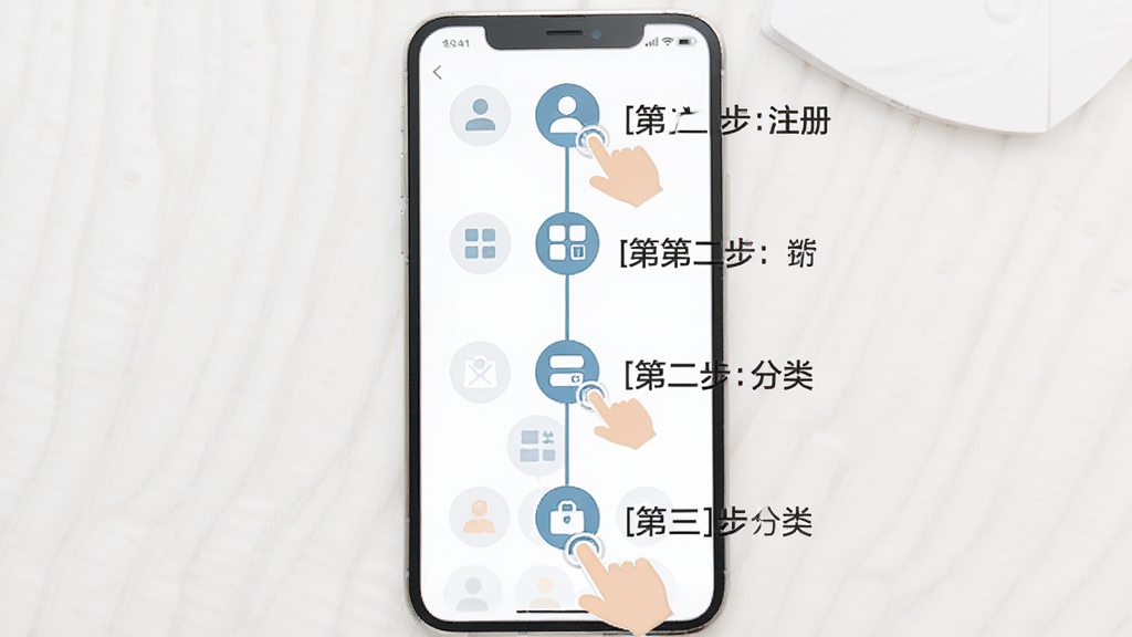 心水收纳新手操作流程图,画面主体是手机屏幕显示从注册到添加物品的步骤分解,布局采用纵向时间轴排版,风格扁平化教学图示,细节包含手指点击图标和中文标注“第一步:注册”“第二步:分类”,画质清晰,干净无杂乱