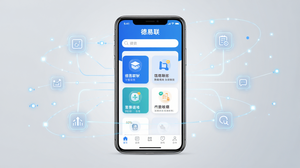 画面中央展示一部智能手机,手机屏幕亮起显示“德易联”应用主界面,界面采用蓝白配色,顶部有搜索栏,中部有功能卡片,底部有导航栏。手机周围环绕着简洁的数字连接线条与图标,象征智能互联。背景为浅灰色渐变,风格现代科技感,细节清晰,画质干净,无多余元素。