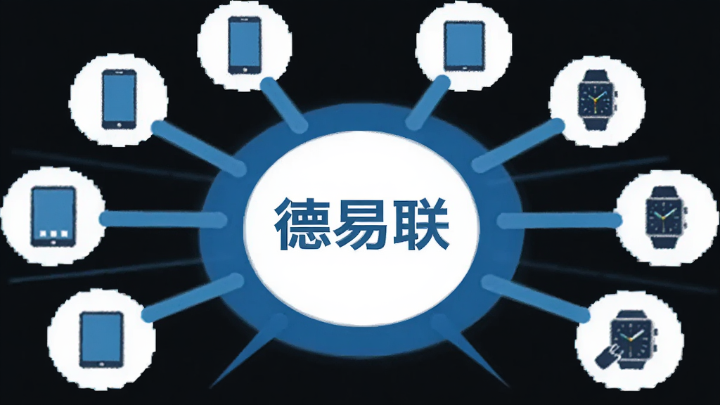 画面展示一个圆形数字枢纽,中心是“德易联”标志,向外辐射出多条连接线,分别连接手机、平板、智能手表等设备图标。整体布局呈放射状,风格简洁扁平化,色彩以蓝色和白色为主,细节清晰,画质干净,无多余元素。