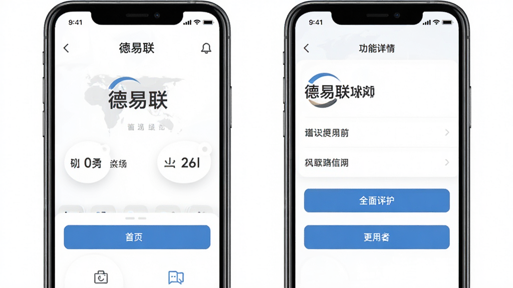 画面展示“德易联”应用的两个手机界面并排展示,左侧为首页布局,右侧为功能详情页,界面元素清晰可见,按钮与文字排版整齐。背景为纯白色,风格简约商务,细节干净,画质清晰,无多余元素。