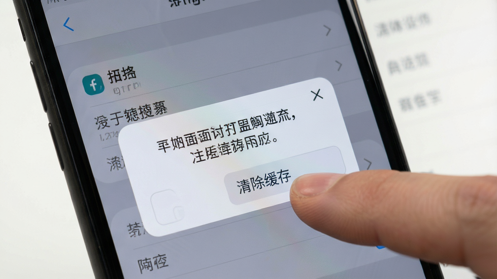画面展示一部手机屏幕出现错误提示弹窗,旁边有手指点击“清除缓存”按钮的特写,背景为手机设置界面。风格写实,细节清晰,画质干净,无多余元素。