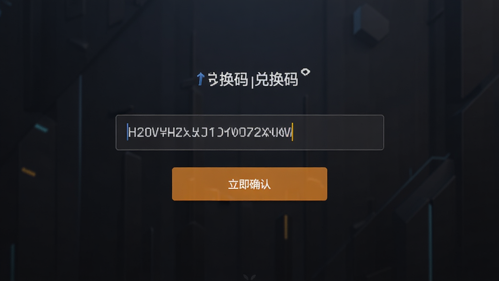 一张游戏内兑换码输入界面的截图,画面中央是一个输入框,输入框内显示已输入的兑换码字符,下方有一个橙色的确认按钮,背景为深色渐变,风格简洁现代,排版居中,画质高清,干净无多余元素