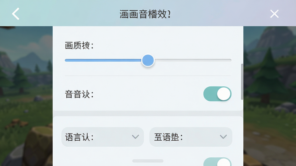 一张手机游戏设置界面的截图,画面中显示画质调节滑块、音效开关、语言选择等选项,界面风格简洁,配色柔和,排版清晰,画质高清,干净无多余元素