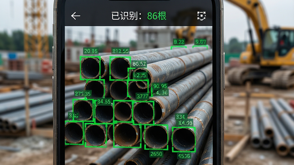 点数相机iCount数钢管AI识别界面特写,画面展示手机屏幕中一堆交错堆叠的钢管被识别框逐一标注,识别框为亮绿色,屏幕顶部显示“已识别:86根”字样,背景为工地现场虚化,风格为写实科技风,细节包含钢管纹理、识别框编号、统计数字,画质高清,干净,无多余元素